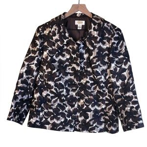 Talbots Petite Chic Black Brown Tan Abstract Print Blazer Jacket Silk Wool 14P